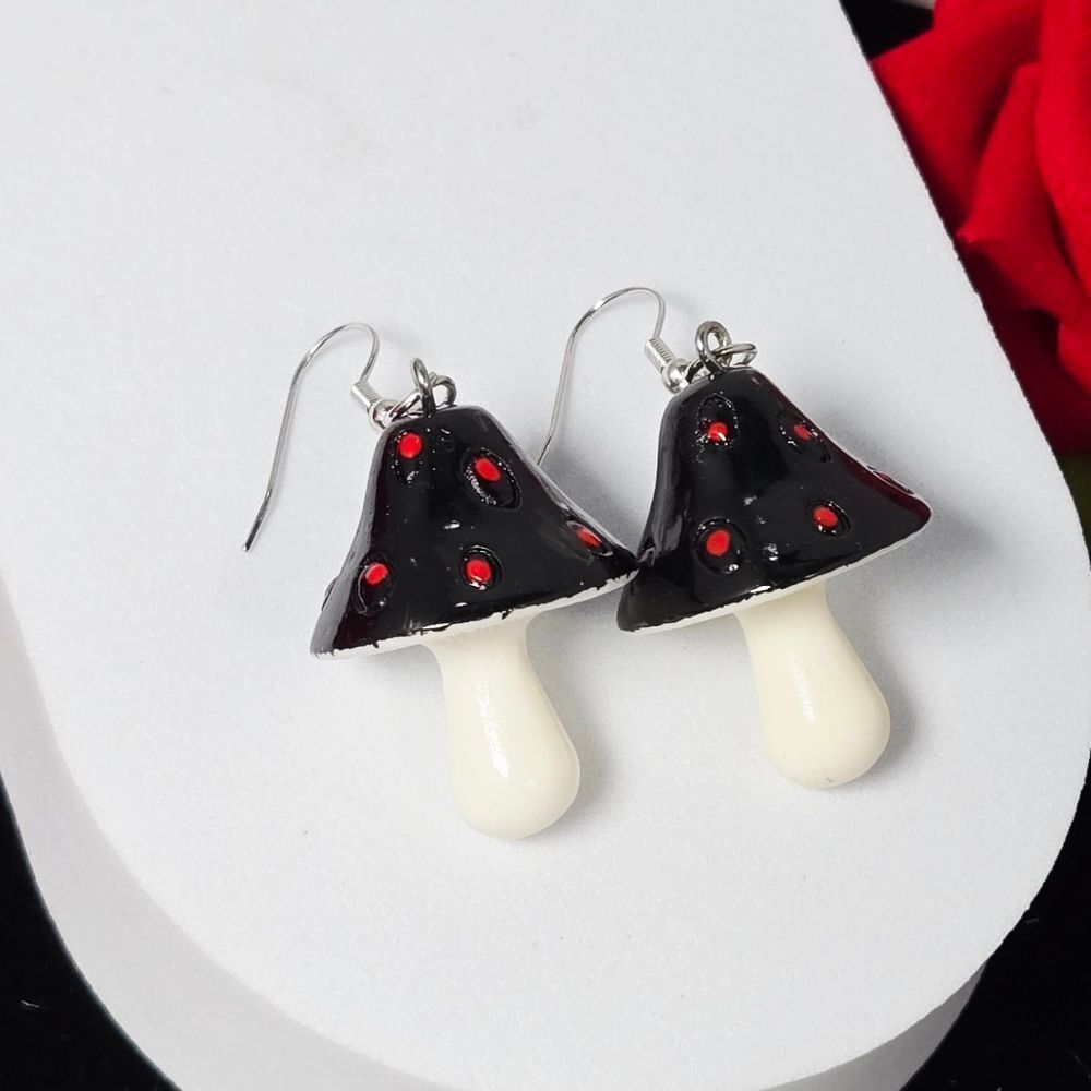 Black Mushroom Dangle Earrings Red Polka Dot Fairycore 2.5" Cartoon Whimsy Charm